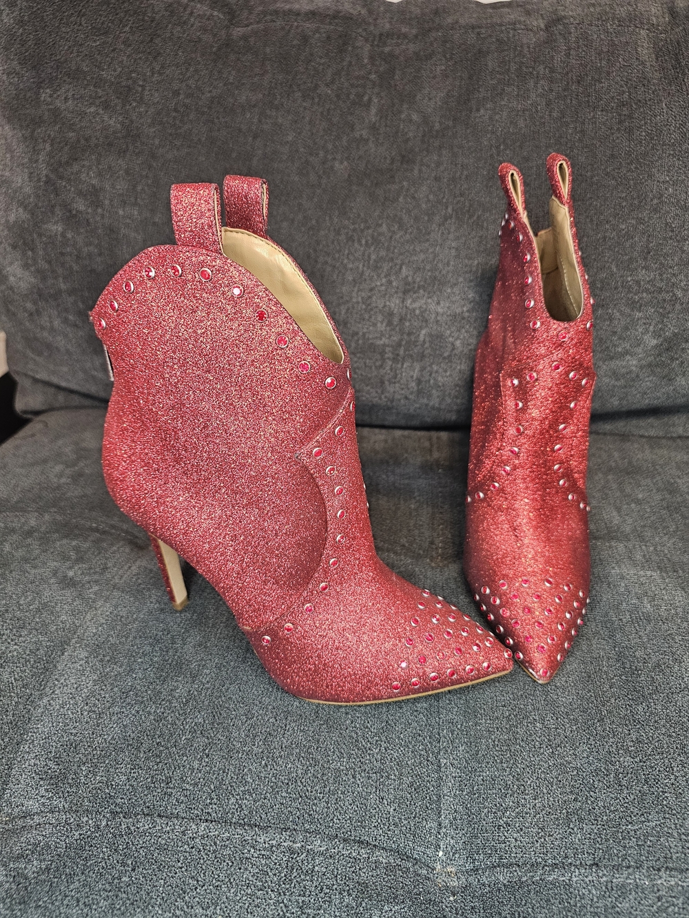 Jessica Simpson Red Glitter Pointed Ankle Booties with Studs